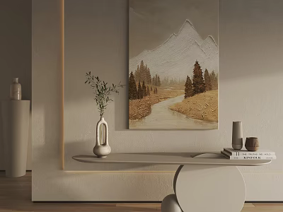 Modern Minimalist Interior Decor Featuring Mountain Painting Vase Greenery And Books 3d model
