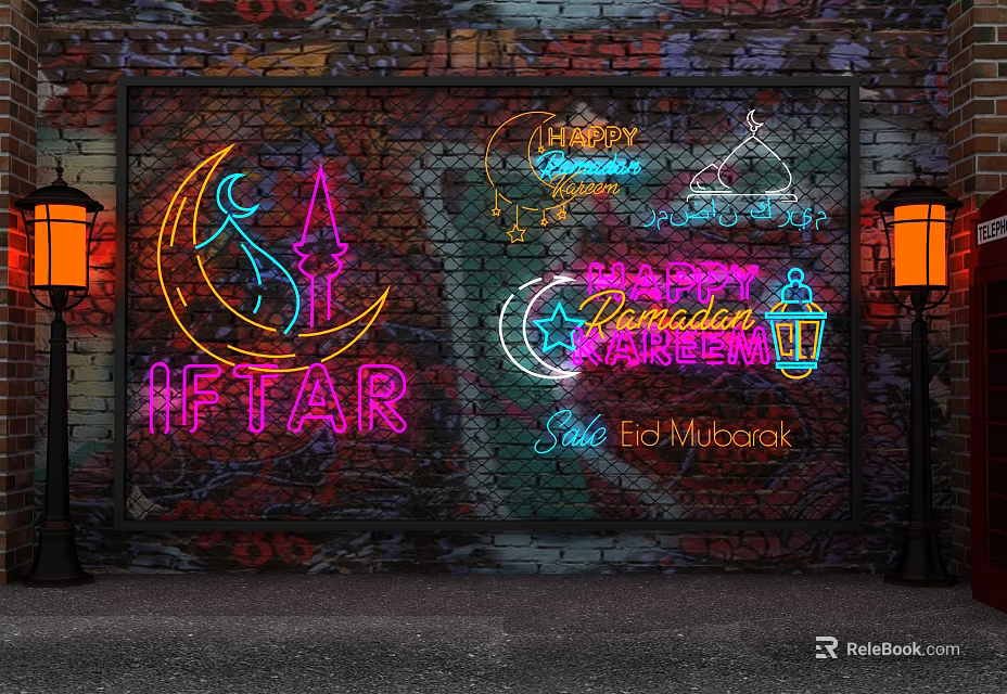 Ramadan Eid Mubarak Neon Signs Featuring Mosque Moon And Iftar On Brick Wall 3d model 