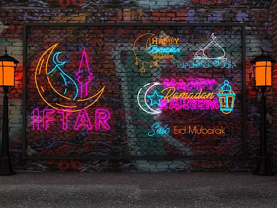 Ramadan Eid Mubarak Neon Signs Featuring Mosque Moon And Iftar On Brick Wall 3d model