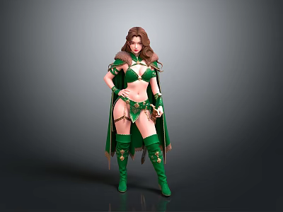 Woman In Elaborate Green Outfit With Long Hair Cloak Ornate Belt And Gloves 3d model