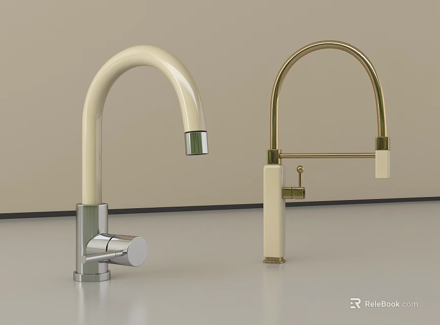 Modern White and Gold Faucets with Sleek Design for Home Kitchen Use 3d model 