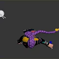 3D Character With Purple Hair Black Jacket Shorts White Cup Blue Staff Pink Striped Boots