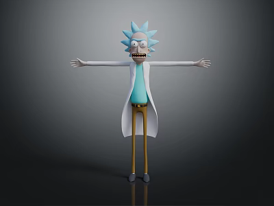 Rick 3D Model With Blue Spiky Hair White Lab Coat Exaggerated Grin And Outstretched Arms 3d model