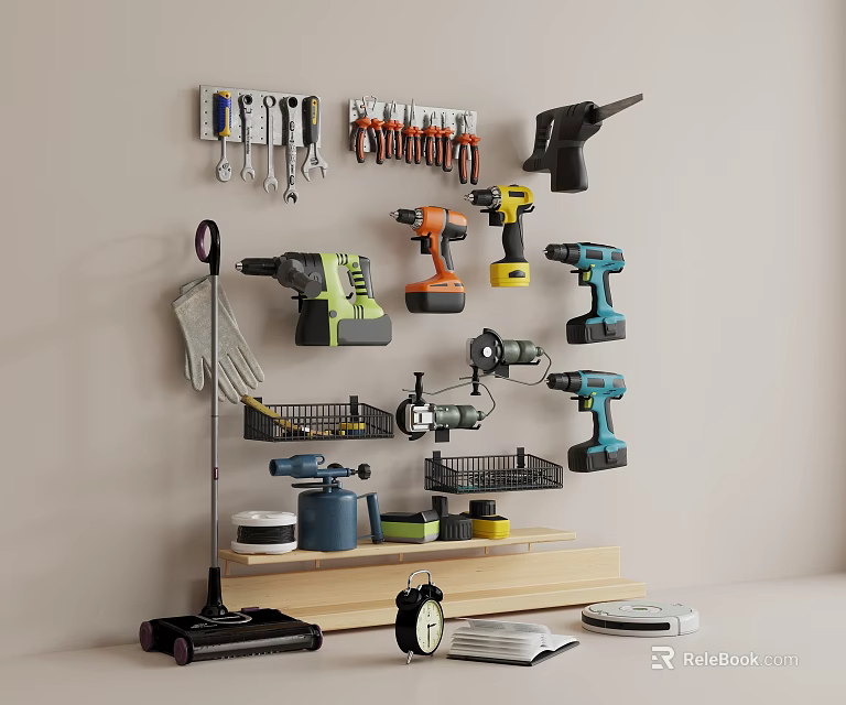 Organized Wall Mounted Hardware Tools With Drills Wrenches Screwdrivers And Work Gloves 3d model 
