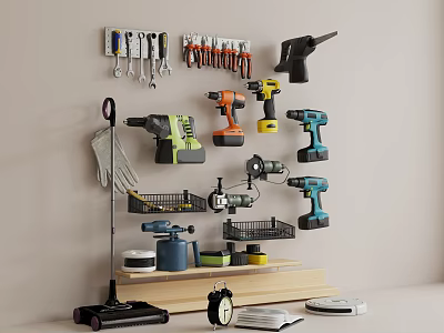 Organized Wall Mounted Hardware Tools With Drills Wrenches Screwdrivers And Work Gloves 3d model