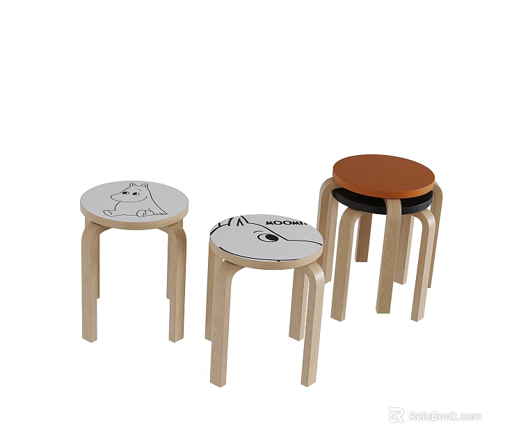 Three Light Wooden Stools With Cartoon Patterns And Brown Round Seat Design 3d model 