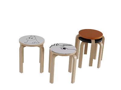 Three Light Wooden Stools With Cartoon Patterns And Brown Round Seat Design 3d model