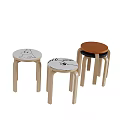 Three Light Wooden Stools With Cartoon Patterns And Brown Round Seat Design