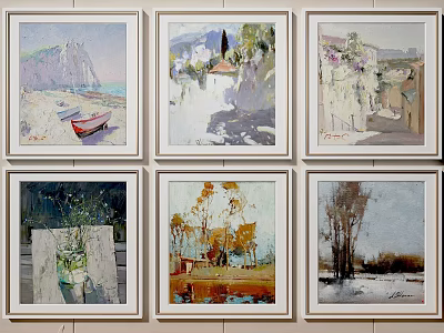 Framed Oil Paintings Featuring Landscape Seascape Flower and Tree Art Themes 3d model