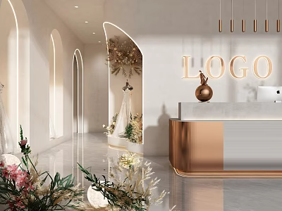 Elegant Bridal Shop Interior Featuring Arched Doors Displayed Wedding Dresses Golden LOGO And Reception Desk 3d model