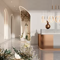 Elegant Bridal Shop Interior Featuring Arched Doors Displayed Wedding Dresses Golden LOGO And Reception Desk