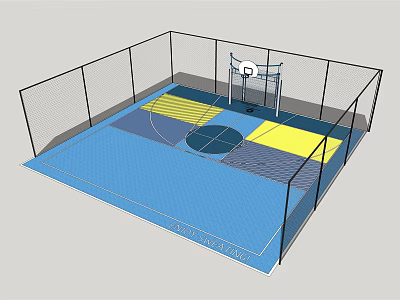 Indoor Basketball Court With Blue Yellow Floor And Enclosed Netting Hoops 3d model