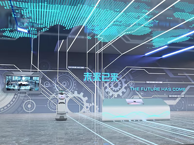 Future Tech Exhibition Hall With Interactive Screens Robot Gear Patterns And Blue Lighting 3d model