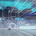 Future Tech Exhibition Hall With Interactive Screens Robot Gear Patterns And Blue Lighting 3d model