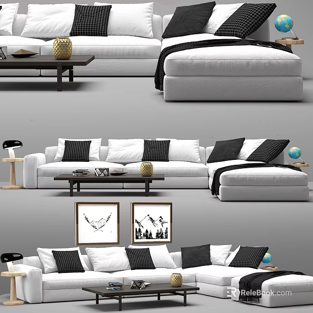Modern Double Sofa with White Black Cushions and Coffee Table Wall Art 3d model