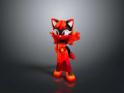 Vibrant Red And Black Cat Cartoon Character With Flame Elements In Costume And Orange Shoes 3d model