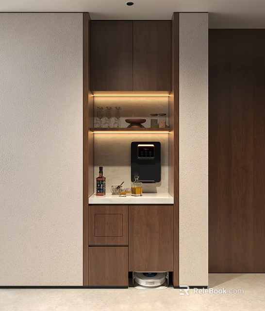Modern Wooden Sideboard With Lighted Shelf White Countertop Drawers Water Dispenser And Glassware 3d model 