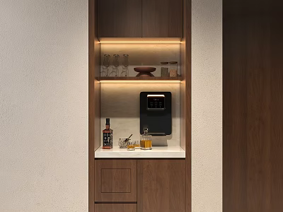 Modern Wooden Sideboard With Lighted Shelf White Countertop Drawers Water Dispenser And Glassware 3d model
