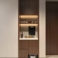 Modern Wooden Sideboard With Lighted Shelf White Countertop Drawers Water Dispenser And Glassware