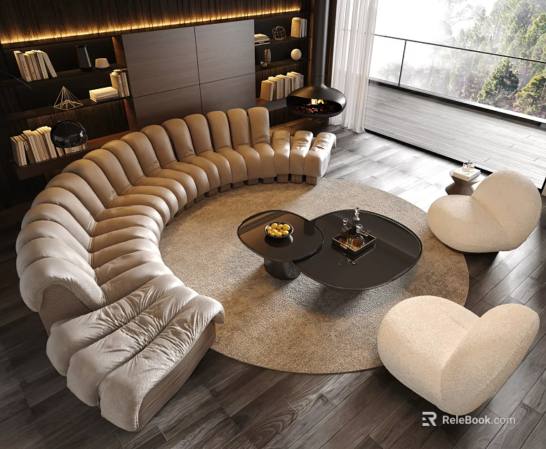 Modern Curved Beige Sofa And Round Coffee Table Set With Armchairs In Living Room Interior 3d model 