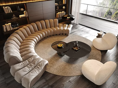 Modern Curved Beige Sofa And Round Coffee Table Set With Armchairs In Living Room Interior 3d model