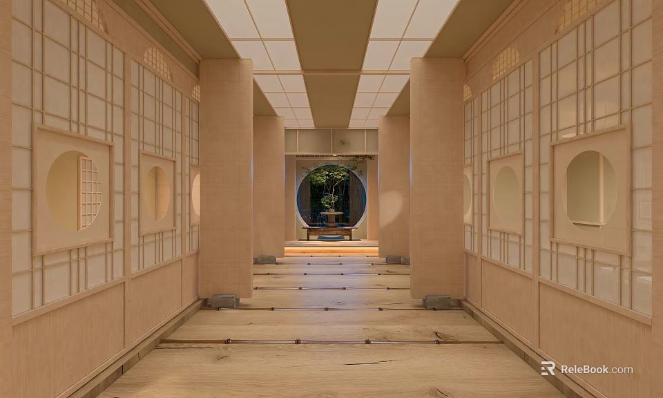 Traditional Japanese Style Elevator Corridor With Wooden Lattice Windows And Circular Doorway 3d model 
