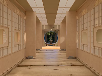 Traditional Japanese Style Elevator Corridor With Wooden Lattice Windows And Circular Doorway 3d model