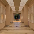 Traditional Japanese Style Elevator Corridor With Wooden Lattice Windows And Circular Doorway