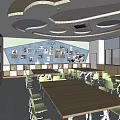 Modern School Classroom Interior With Wooden Tables Green Chairs Photo Poster Wall And Large Windows