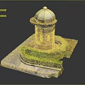 Red Brick Tower With Dome Roof And Circular Hedge On Stone Platform