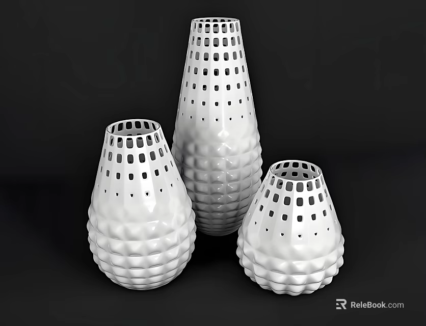 White Perforated Ceramic Vases With Textured Surfaces And Various Shapes 3d model
