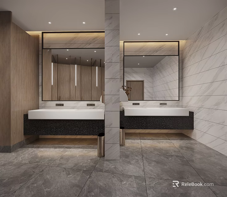 Public Restroom Modern Interior Design With Marble Walls Double Sinks Large Mirrors And Wooden Accents 3d model 