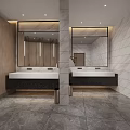 Public Restroom Modern Interior Design With Marble Walls Double Sinks Large Mirrors And Wooden Accents