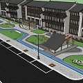 Scenic Park Landscape Featuring Blue Orange Striped Track Green Lawns Trees And Chinese Style Buildings