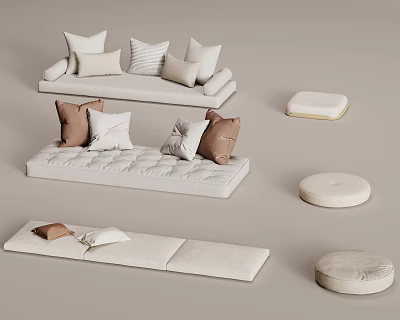 Modern Living Room Soft Furnishings Including White Sofas Mixed Pillows And Round Ottomans 3d model