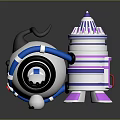 Cute Cartoon Character With Horn And Blue White Body Next To Purple Striped Tower Structure