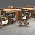 Food Stall Featuring Striped Awning Logo Display Case Menu Board Balloons Table And Chairs