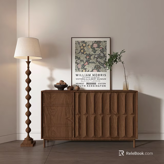 Wooden Entryway Side Cabinet Vertical Stripes Design With Floral Artwork And Floor Lamp Decor 3d model 