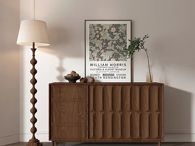 Wooden Entryway Side Cabinet Vertical Stripes Design With Floral Artwork And Floor Lamp Decor 3d model