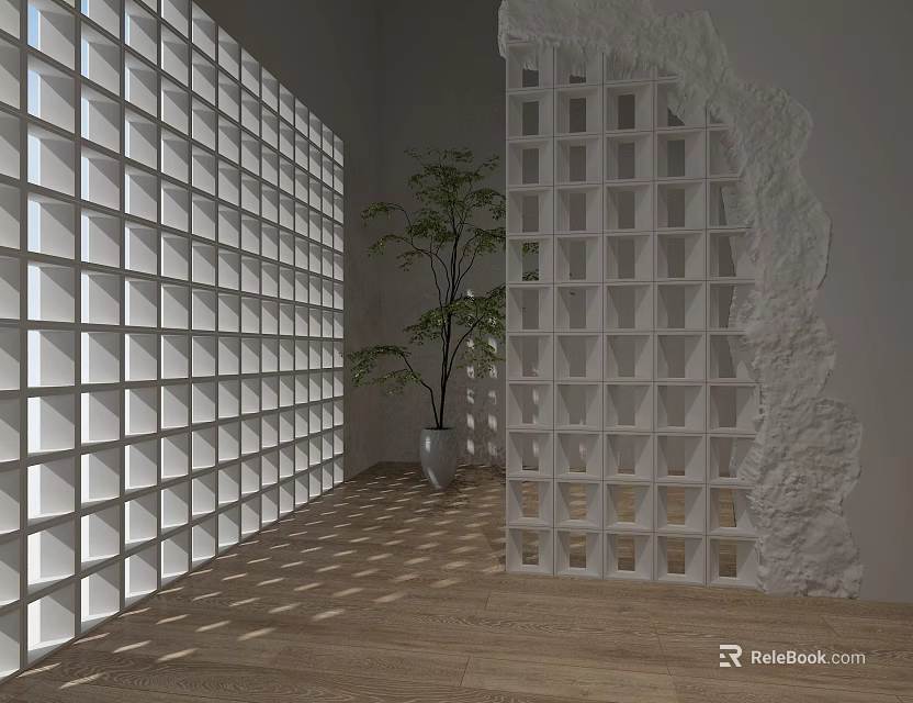 White Grid Partition in Modern Interior With Potted Plant Wooden Floor and Sunlight Patterns 3d model 