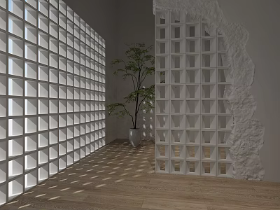 White Grid Partition in Modern Interior With Potted Plant Wooden Floor and Sunlight Patterns 3d model