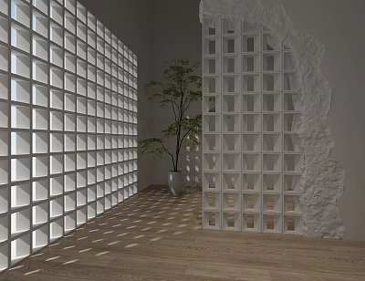 White Grid Partition in Modern Interior With Potted Plant Wooden Floor and Sunlight Patterns 3d model