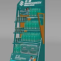 Green Beverage Display Rack With Bottles And Boxed Products In Store