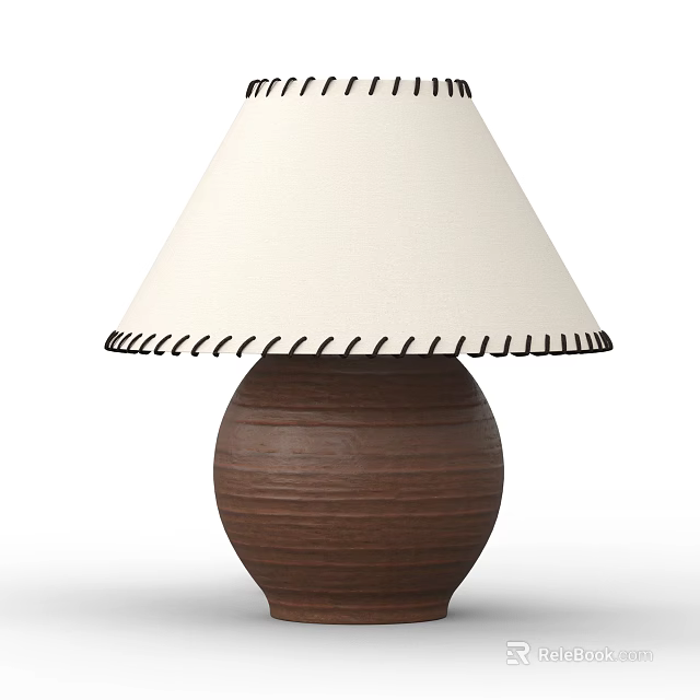 White Shade Table Lamp With Black Stitched Trim And Brown Textured Base 3d model 