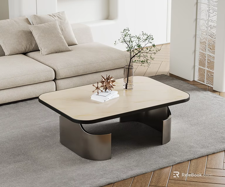 Modern Coffee Table with Metal Frame Beige Top in Living Room with Sofa and Plant Decoration 3d model 