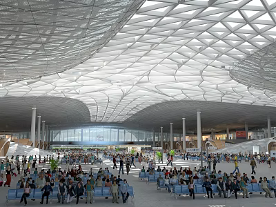 Modern Station Interior With Spacious Design Unique Grid Roof And Crowded Passengers 3d model