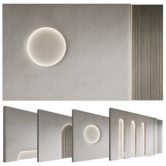 Modern Minimalist Background Wall With Circular Linear Lights And Textured Panels 3d model