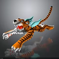 3D Striped Tiger Figure With Blue Wings Open Mouth In Dynamic Flying Pose