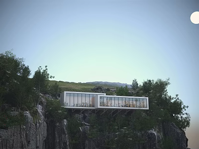Modern Cliffside House Perched On Rocky Hillside With Trees And Moonlit Sky 3d model