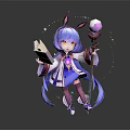 Magical Girl Character With Rabbit Ears Blue Long Hair Holding Magic Book And Crystal Staff